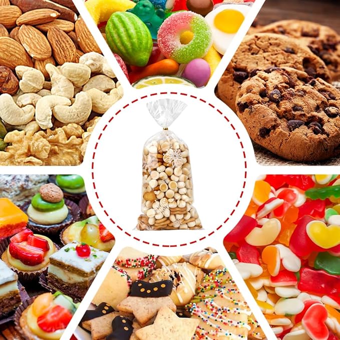 100 PCS Winter Cellophane Treat Bags(5.1x10.6 Inch) with Ties Plastic Snowflake Goodie Candy Cookie Loot Gifts Bags Bulk Pouches for Christmas Frozen Party Favors Supplies Decorations Holiday Birthday