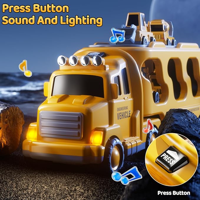 Construction Truck Toys Set for Kids Aged 1 2 3 4 5 6 7 8, Truck Playset with Toy Cars, Light and Sound, Movable Parts Construction Toys for Toddlers, Birthday Gifts for Boys Girls 2-4 4-7