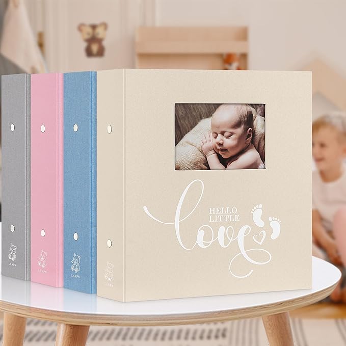 Lanpn Baby Photo Album 4x6 600 Pockets, Linen Cover Ultrasound Album, Sonogram Picture Album, Newborn Bebe Memory Book Photobook with Front Window, Gift for Boy Girl Baby Shower Birthday Grey