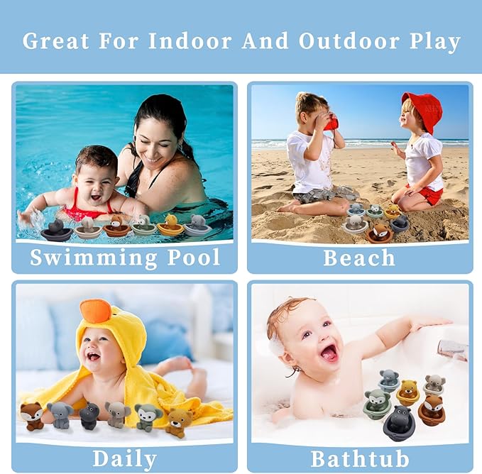 Bath Toys Floating Boats, 12Pcs Bath Toys for Kids Ages 1-3 or Babies 6-12-18 Months, Mold Free Bath Pool Toy for Toddlers 2-4, Stacking Toys, Soft Finger Puppets Animals Bath Toy