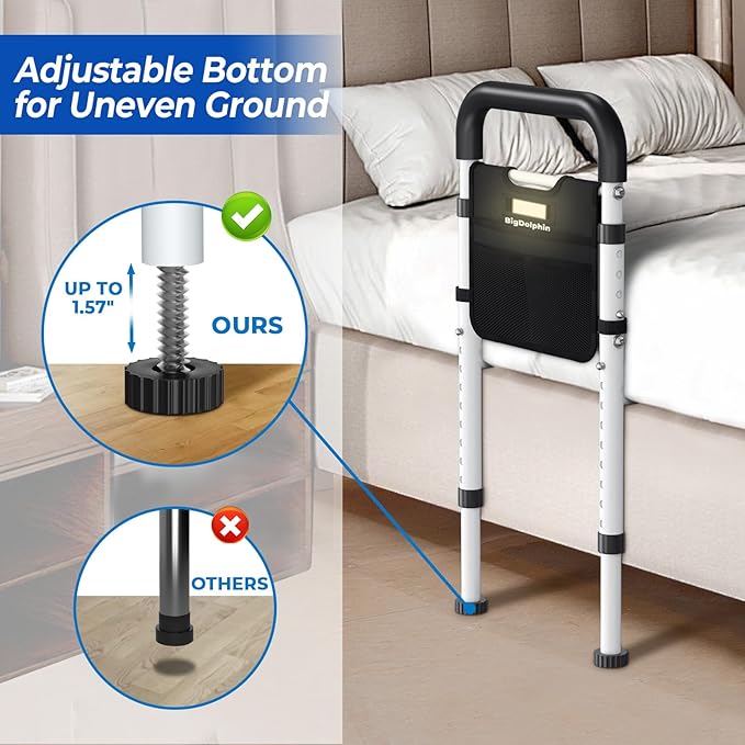 Bed Rails - ASTM Certified Adjustable Bed Cane with Motion Sensor Light, Non-Slip Ergonomic Handle & Storage Pocket, 350LBS Stable Bed Assist Rails for Seniors, Tool-Free, 2026 Upgrade