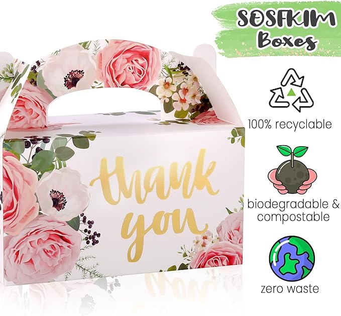 SOSFKIM Gable Treat Boxes Large 12 Pack - Floral Party Favor Boxes Bulk Embossed Gold Foil - Goodie Gable Boxes for Baby Shower, Wedding, Birthday 6.3x3.5x3.5 Inch