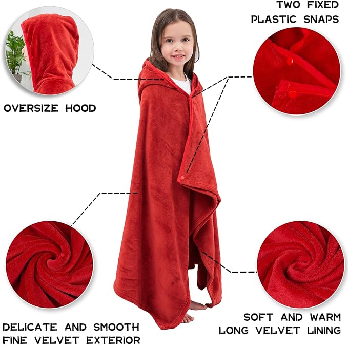 Hiturbo Kids Fleece Hooded Bath Towel: Soft Plush Pool Beach Towel Blanket - 50"x30" Toddler Towels Wrap for Boys Girls 3-12 Years (Red)
