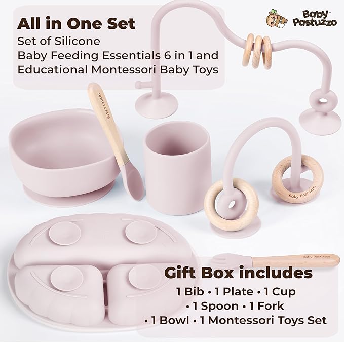 Set of Silicone Feeding Set 6 in 1 and Educational Montessori Toys, for Baby and Infant Toddlers (Rose Pink)