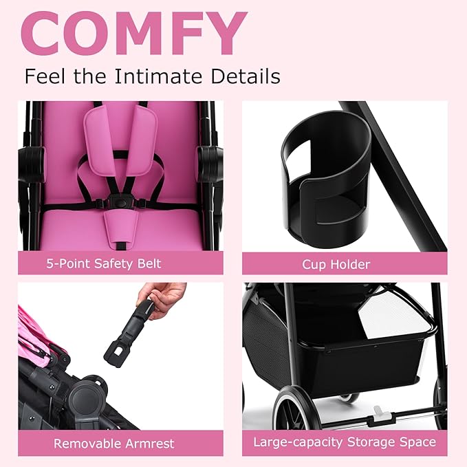 INFANS 2 in 1 Baby Stroller, High Landscape Infant Stroller & Reversible Bassinet Pram, Foldable Pushchair with Adjustable Canopy, Storage Basket, Cup Holder, Suspension Wheels (Pink)