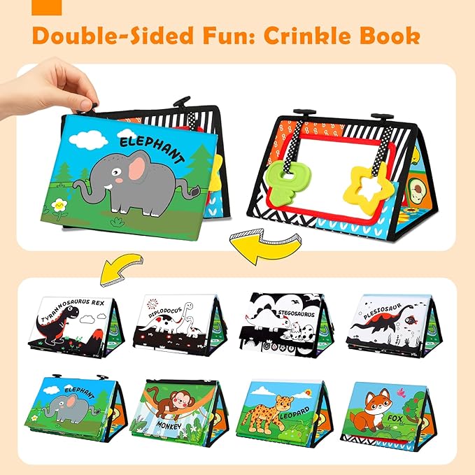 Baby Toys 0-6 Months - Tummy Time Toy Black and White High Contrast Newborn Toys - Baby Mirror with Cloth Book Teether - Montessori Sensory Crinkle Toy for Infant 0-3-6-12 Month Boy Girl Shower Gifts