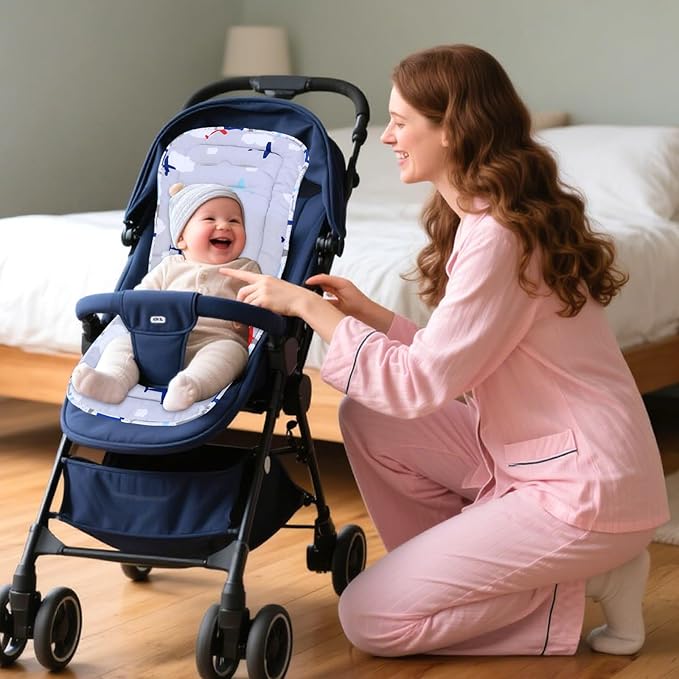 Baby Stroller Cushion,Infant Car Seat Insert-Reversible Universal Breathable and Soft Newborn Stroller Mat,100% Cotton Cover Toddler Seat Pad Liner-34x78cm,1 Pack(Gray Plane+Blue Stripes)