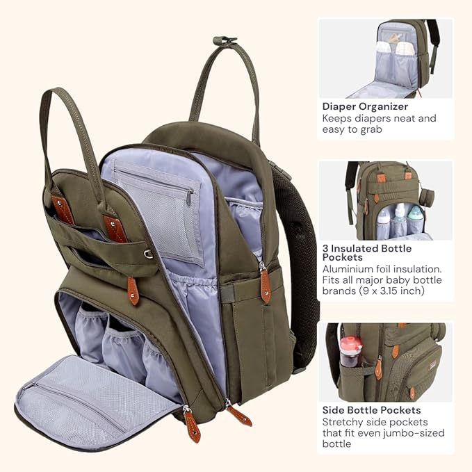 BabbleRoo Diaper Bag Backpack - Baby Essentials Travel Tote - Multi Function Water Resistant Diaper Bag, Travel Essentials Baby Bag with Changing Pad, Stroller Straps & Pacifier Case - Army Green