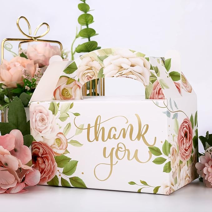 SOSFKIM Thank You Treat Boxes 12 Pack - Floral Party Favor Boxes Bulk Embossed Gold Foil - Goodie Gable Boxes for Baby Shower, Wedding, Birthday 6.3x3.5x3.5 Inch