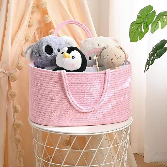 Baby Diaper Caddy Organizer, Cotton Rope Diaper Basket, Baby Basket for Changing Table, Nursery, Car, Changing Table Storage Bin With Removable Divider, Baby Shower Gifts for Newborn, Baby Essentials