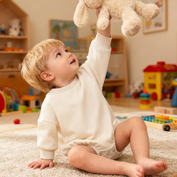 Bafeicao Baby Boy Girl Sweatshirt Romper Organic Cotton Solid Color Long Sleeve Bubble Romper Oversized Warm Fall Winter