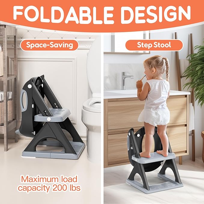 SKYROKU New Sector-Shape Stabilized Base 2-in-1 Toddler Toilet Seat, Potty Training Toilet with Splash Guard, Anti-Slip Pad, and Step Stool (Dark Blue) (8899-Black)