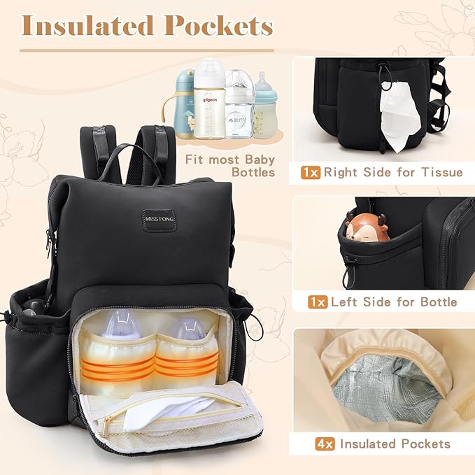 miss fong Diaper Bag Backpack - Baby Diaper Bag Neoprene Bag Large Capacity Neoprene Backpack with Diaper Changing Pad Travel Diaper Backpack Baby Backpack with 12 Pockets for Mom & Dad -Black