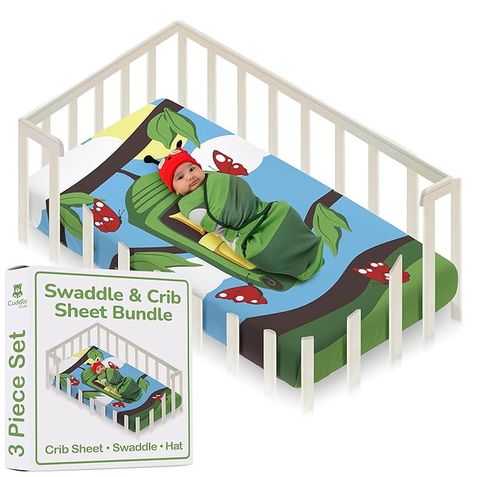 Cuddle Club Newborn Swaddle Gift Set – Includes Swaddle Blanket, Hat & Crib Sheet in Fun Styles – For Baby Boys & Girls