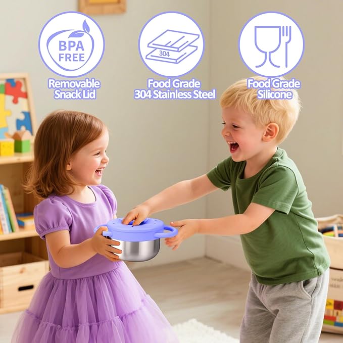 BUSOHA 2 Pack Stainless Steel Toddler Snack Cups - 9 OZ Spill-Proof Baby Snack Containers with Lid Travel Snack Containers for Kids Food Grade Silicone Dishwasher Safe