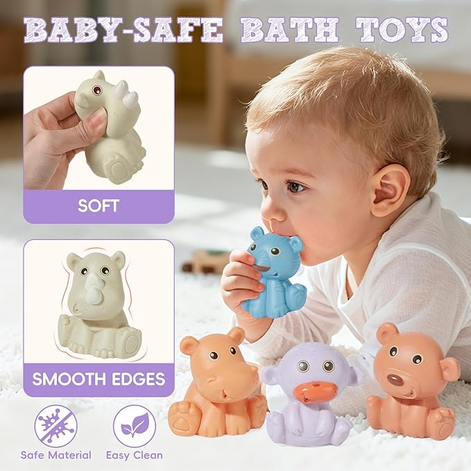 Bath Toys, Wild Animal 9 Pack | Sealed, No Hole & Mold Free Bath Toys Design | Soft, Squeezable & Float on Water | Safe, Easy-Grip Baby & Toddler Bath Toy Set | Baby Pool Toys