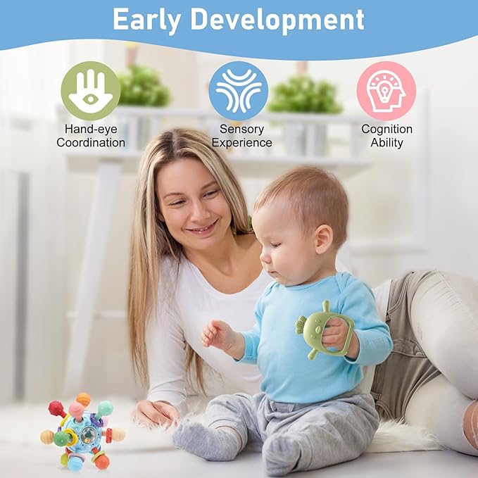 2 Pack Baby Teething Toys 0-6 6-12 Months, Multi-Functional Food Grade Silicone Baby Montessori Sensory Teether Toys & Teething Mittens, Soothing Chew Baby Toys for Newborn Infant Sucking Needs