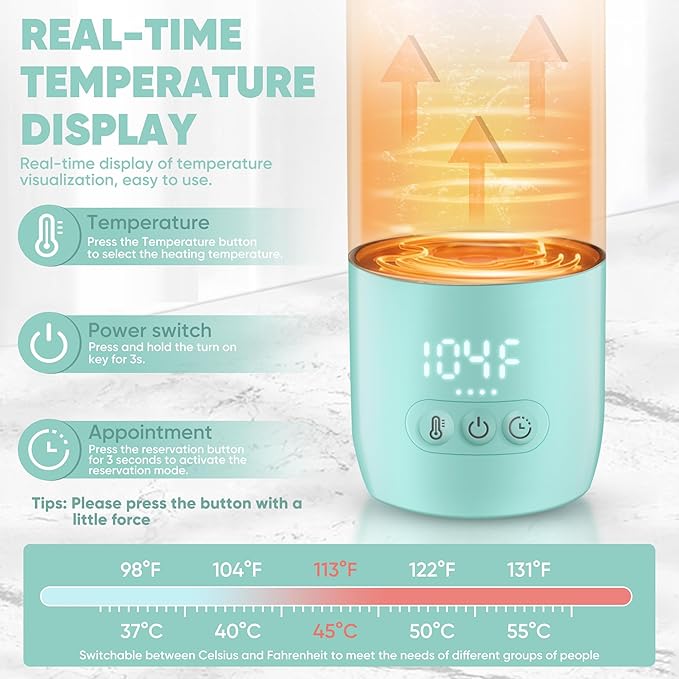 Portable Bottle Warmer for Travel,Portable Milk Warmer for Baby-12oz Ceramic Heater Heating,Fast Charging & Cordless Portable Baby Bottle Warmer -Dual Heating Modes for Breast Milk & Water,Green