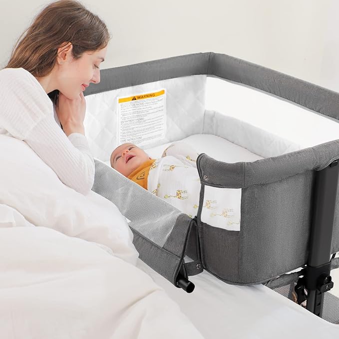 Ihoming Bassinet Bedside Sleeper for Baby, 3 in 1 Convertible Design, lnfant Bed Side Sleeper & Cradle Bassinets, Newborn Bedside Crib Attaches to Bed, Deep Grey