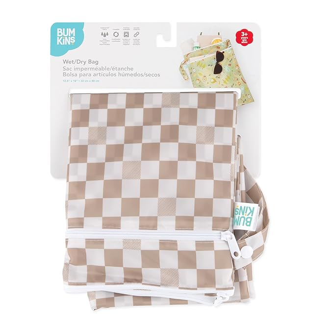 Bumkins Waterproof Wet Dry Bag for Baby, Travel, Swim Suit, Cloth Diapers, Pump Parts, Pool, Beach, Gym Clothes, Toiletry, Hook to Stroller, Daycare, Zipper Reusable Wetdry Packing Pouch, Beige Check