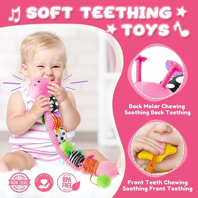 Baby Toys 0-6-12 Months,Musical Caterpillar Stuffed Animals Activity Infant Toys with Crinkle,Rattles,Mirror&Pull String,Muti-Sensory Toys Gifts for Newborn Tummy Time,Candy Pink|Leafy