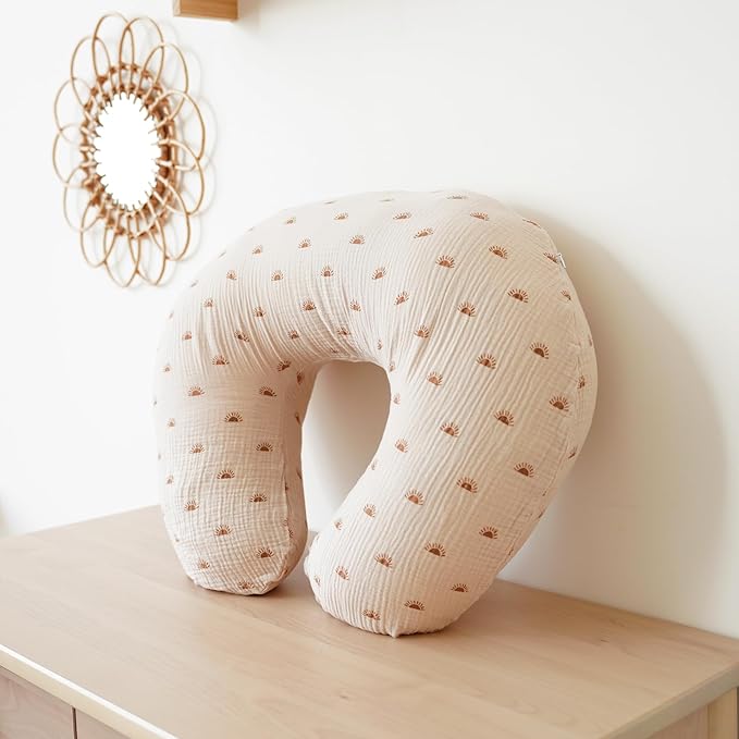 Konssy Muslin Nursing Pillow Covers, Soft and Cute Nursing Covers for Breastfeeding Pillows, Ideal for Newborn Baby Boys and Girls (Coffee, Sun) - 2 Pack