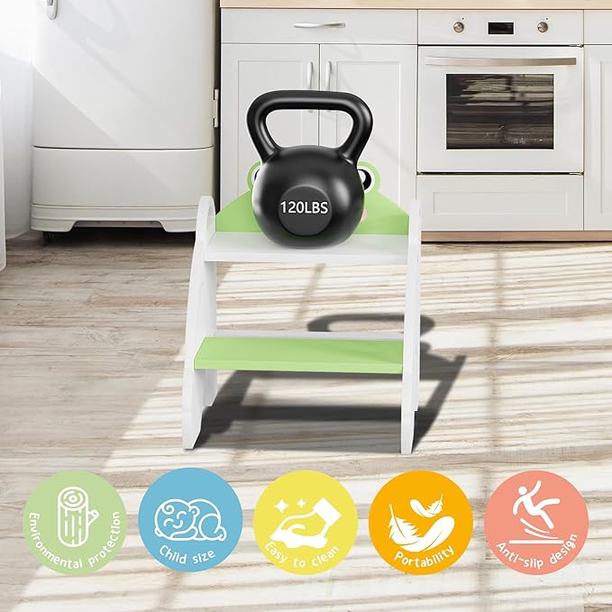 Frog-Themed Toddler Step Stool, 2-Step Stool for Bathroom Sink & Potty Training, Kids Kitchen Helper Stool with Safety Handles (Natural Wood, 120lbs Capacity)(Green)