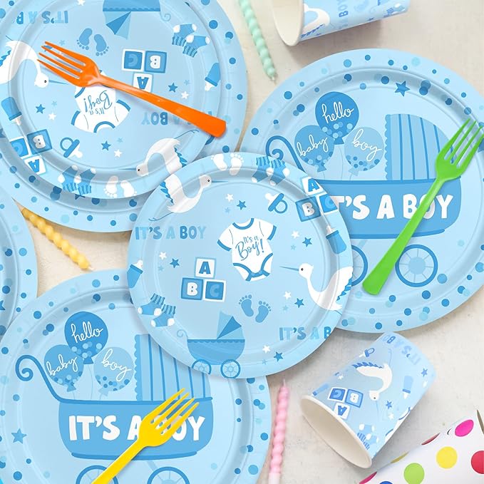 Baby Boy Shower Decorations for 24 Guests - It’s A Boy Decorations Kit Including Disposable Plates, Napkins, Cups, Tablecloth & Banner for Baby Shower Decorations Boy