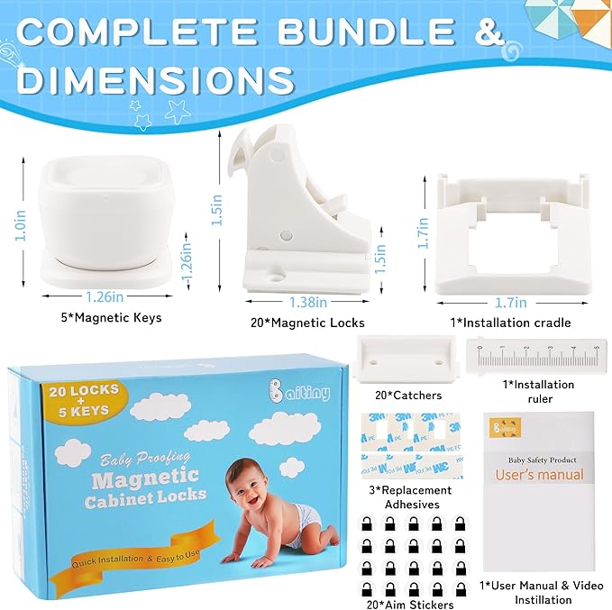 20 Pack Magnetic Cabinet Locks Baby Proofing - Baitiny Child Proof Cupboard Drawers Latches - Adhesive Easy Installation