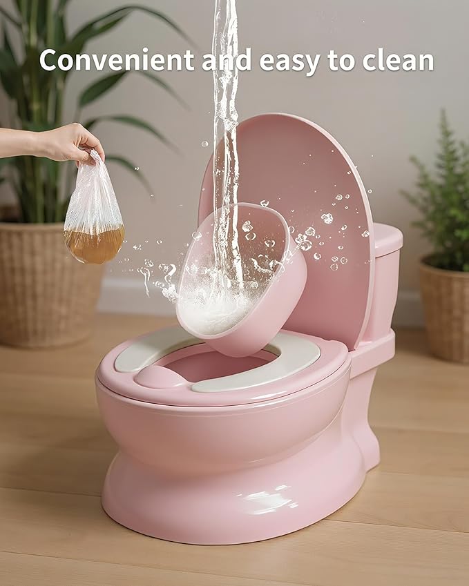 Realistic Potty Training Toilet - Flushing Sounds, Wipes Storage, Disposable Liners, Easy to Clean for Toddler Boys and Girls, Pink