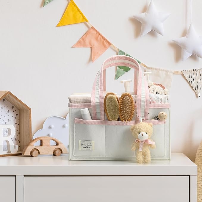 PeraBella Diaper Caddy Organizer with Handle, Baby Shower Gifts Basket Bag, Registry Search Must Haves Items, Nursery Storage Organizer for Newborn Girl Boy, Baby Bag Essentials, Car Diaper Caddy Cart