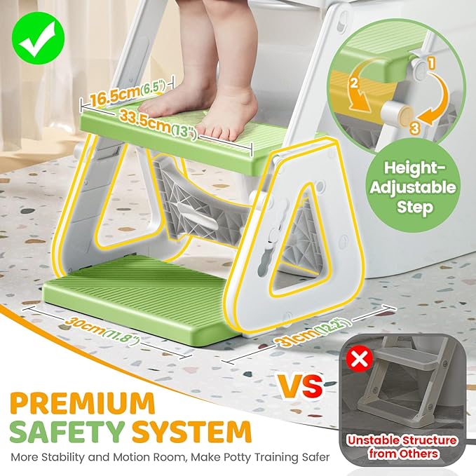 Orzbow 2-IN-1 Potty Training Seat with Step Stool, Height Adjustable Toilet Seat for Toddler, Potty Training with Splash Guard for Kids Boys Girls, Stability Ladder and Anti-Slip Pad, Green