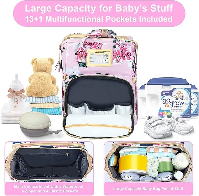 Diaper Bag Backpack with Changing Station, Foldable for Bady Toddler, 3 in 1 Large Capacity Newborn Essentials Organizer with Stroller Hook for Girls and Boys(Pink)