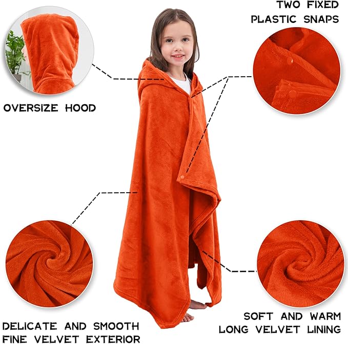 Hiturbo Kids Fleece Hooded Bath Towel: Soft Plush Pool Beach Towel Blanket - 50"x30" Toddler Towels Wrap for Boys Girls 3-12 Years (Orange)