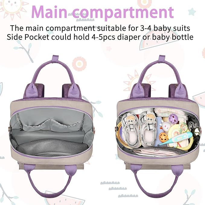 Diaper Bag Backpack, Large Unisex Baby Bags for Boys Girls, Purple Baby Nappy Diaper Bag, Multipurpose Travel Back Pack for Moms Dads with Insulated Pockets and Stroller Straps