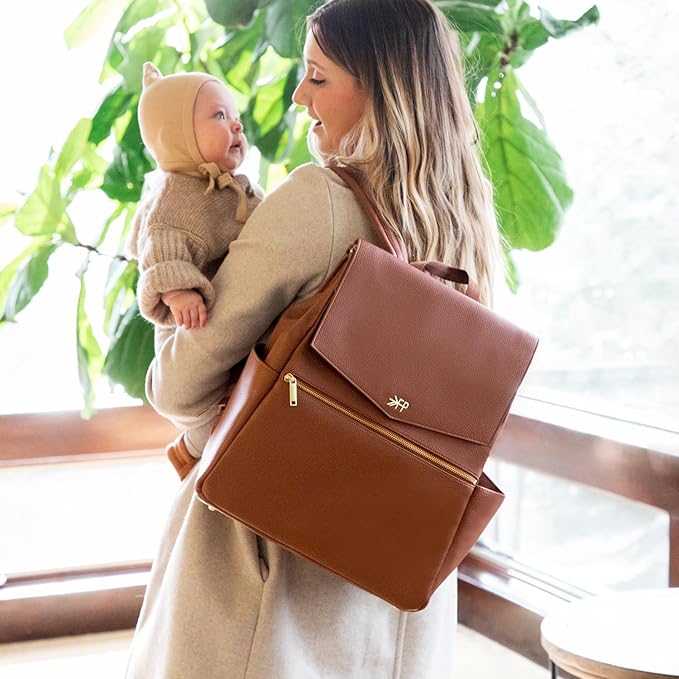 Freshly Picked Classic II Diaper Bag Backpack, Wipeable Vegan Leather With Changing Pad, Convertible (Cognac V2)