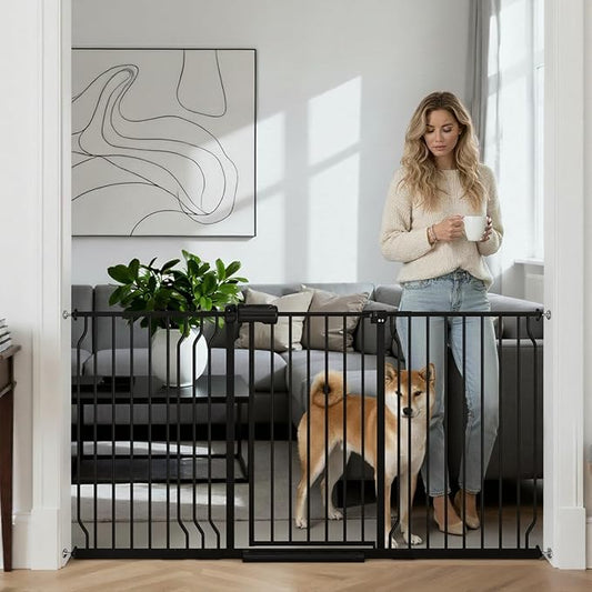 62.2"-71.65" Extra Wide Auto Closing Baby Safety Gate for Stairs & Doorways, Pressure Mounted No Drill Pet Gate with Walk-Through Door - Heavy Duty Childproof Gate for Toddlers, Kids, Dogs (Black)