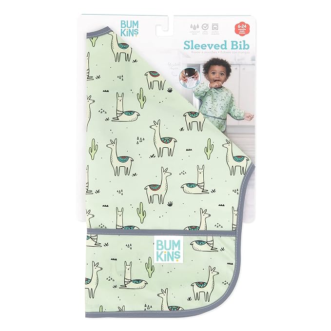 Bumkins Sleeved Bib for Girl or Boy, Baby and Toddler for 6-24 Mos, Essential Must Have for Eating, Feeding, Baby Led Weaning Supplies, Long Sleeve Mess Saving Food Catcher, Soft Fabric, Llama Green