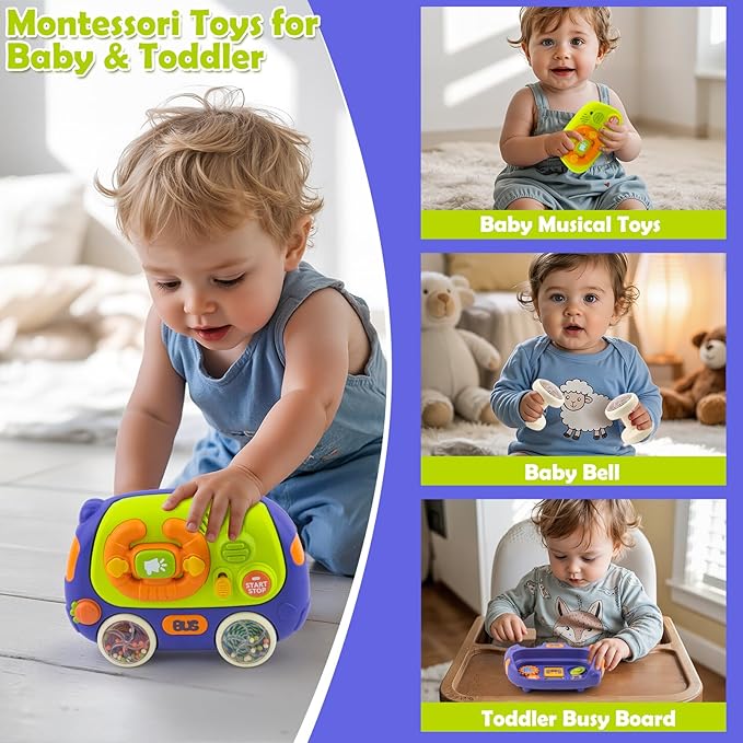Ayyomo 3 in 1 Montessori Toys Bus, Light Up Baby Musical Toys for Toddlers 1-3 Year Old, Road Trip Busy Board for Car Seat Travel Essential, 2 Bell Wheel Sensory Toys, Birthday Gift for Boy Girl Kid