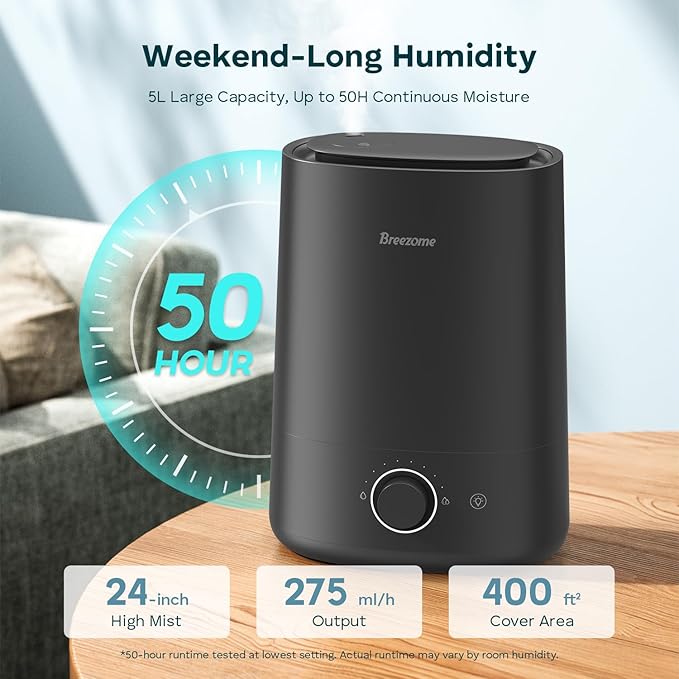 BREEZOME 5L Humidifiers for Bedroom, Ultrasonic Cool Mist Top Fill Humidifier & Essential Oil Diffuser, 360°Nozzle, Auto Shut-off, 50H Runtime, Quiet Humidifiers for Large Room, Baby Nursery, Plants
