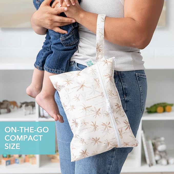 Bumkins Waterproof Wet Dry Clutch Bag for Baby, Travel, Swim Suit, Cloth Diapers, Pump Parts, Pool, Gym Clothes, Toiletry, Strap to Stroller, Daycare, Zip Reusable Bag, Packing Pouch, Palm Trees