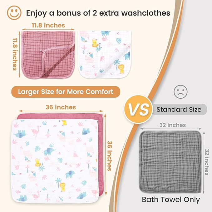 2 Pack Muslin Hooded Baby Bath Towels and 2 Pack WashCloth Set, 36x36 Inch Soft Cotton Bath Towel Baby Wipes Absorbent Bath Face Towels Burp Cloths Face Towels for Girl Boy(Coffee and Apricot)