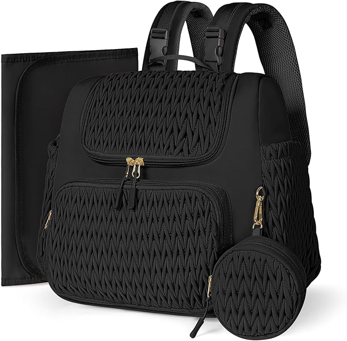 Geestock Diaper Bag Small Diaper Backpack, Stylish Quilted Baby Backpacks, Mini Maternity Bags, with Changing Pad, Pacifier Case & Stroller Straps, Parents Essentials Diaper Bag, Black
