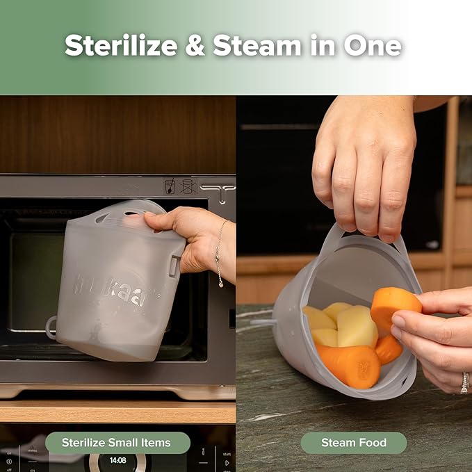 Haakaa Silicone Travel Microwave Steamer & Steriliser Bag, 30oz/900ml Reusable Silicone Steaming Bags for Baby Small Items, Pacifiers, Teethers or Baby Cups, Great for Home and On-The-Go, Grey/1PC
