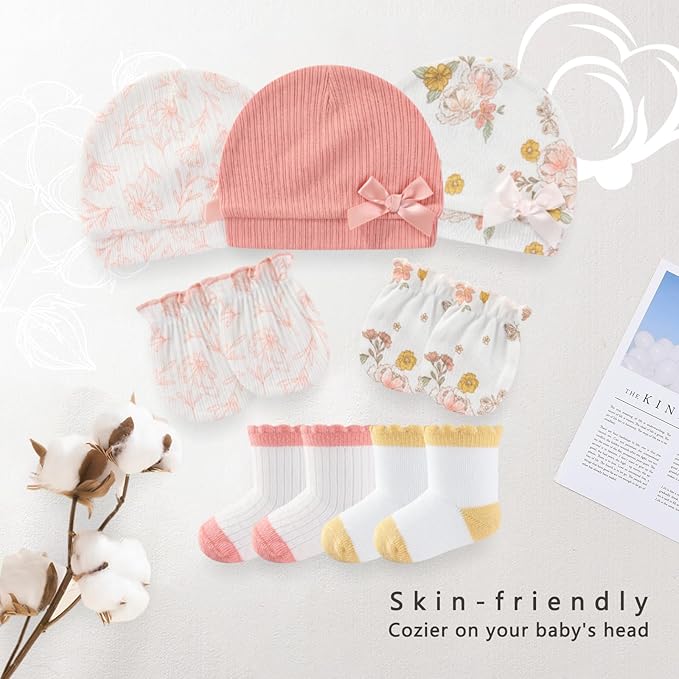 Baby Girls Boys Hats Mittens and Socks Set Cotton Infant Caps Newborn Soft Gloves 0-6 Months