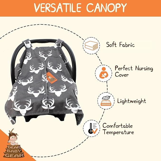 Dear Baby Gear - Car Seat Canopy - Baby Carrier Cover - Infant Car Seat Cover - Carseat Covers with Snap Opening - Carseat Canopies for Boys & Girls - 40x30 (White Antlers on Gray, Gray Reverse)