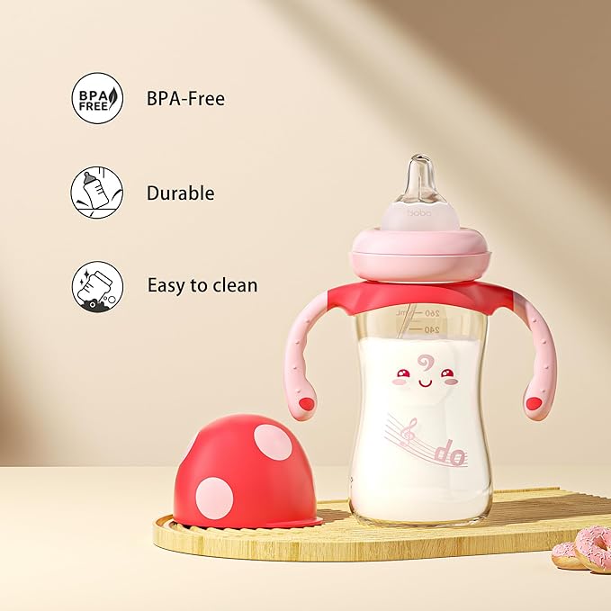 YOHKOH Natural PPSU Baby Bottle with Natural Response Nipple, Newborn Anti-Colic Baby Bottles with Handle, Wide Neck Mushroom Cap Baby Bottle (8.8oz (Pack of 2), Red1)