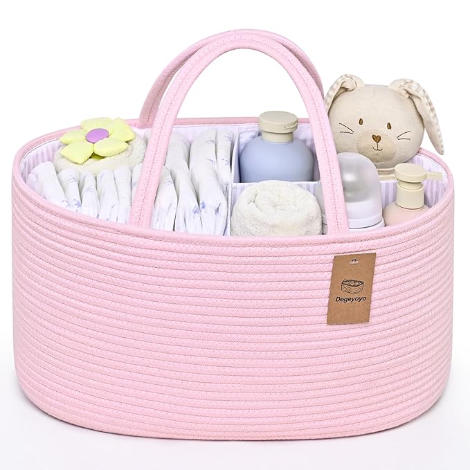 Baby Diaper Caddy Organizer, Cotton Rope Diaper Basket, Baby Basket for Changing Table, Nursery, Car, Changing Table Storage Bin With Removable Divider, Baby Shower Gifts for Newborn, Baby Essentials