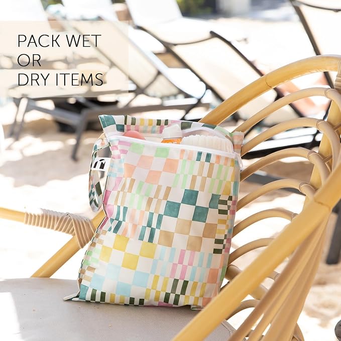 Roamio Waterproof Wet Bag for Baby, Travel, Swim Suit, Cloth Diapers, Pump Parts, Pool, Gym Clothes, Beach, Toiletry, Hook to Stroller, Daycare, Zipper Reusable Bag, Wetdry Packing Pouch, Multi Check