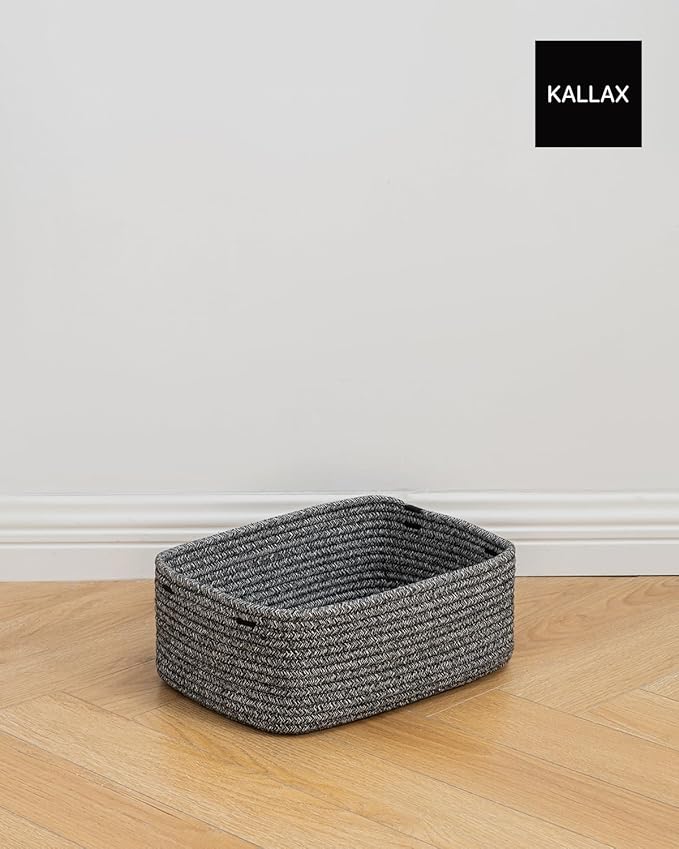 Small Woven Basket, 13.5 x 9.5 x 5 Inches, Storage Basket for Organizing, Cute Small Rope Shelf Closet Cube Storage Bins Baskets for Shelves, Dog Toy Gift Baskets Empty, 3 Pack Mixed Black